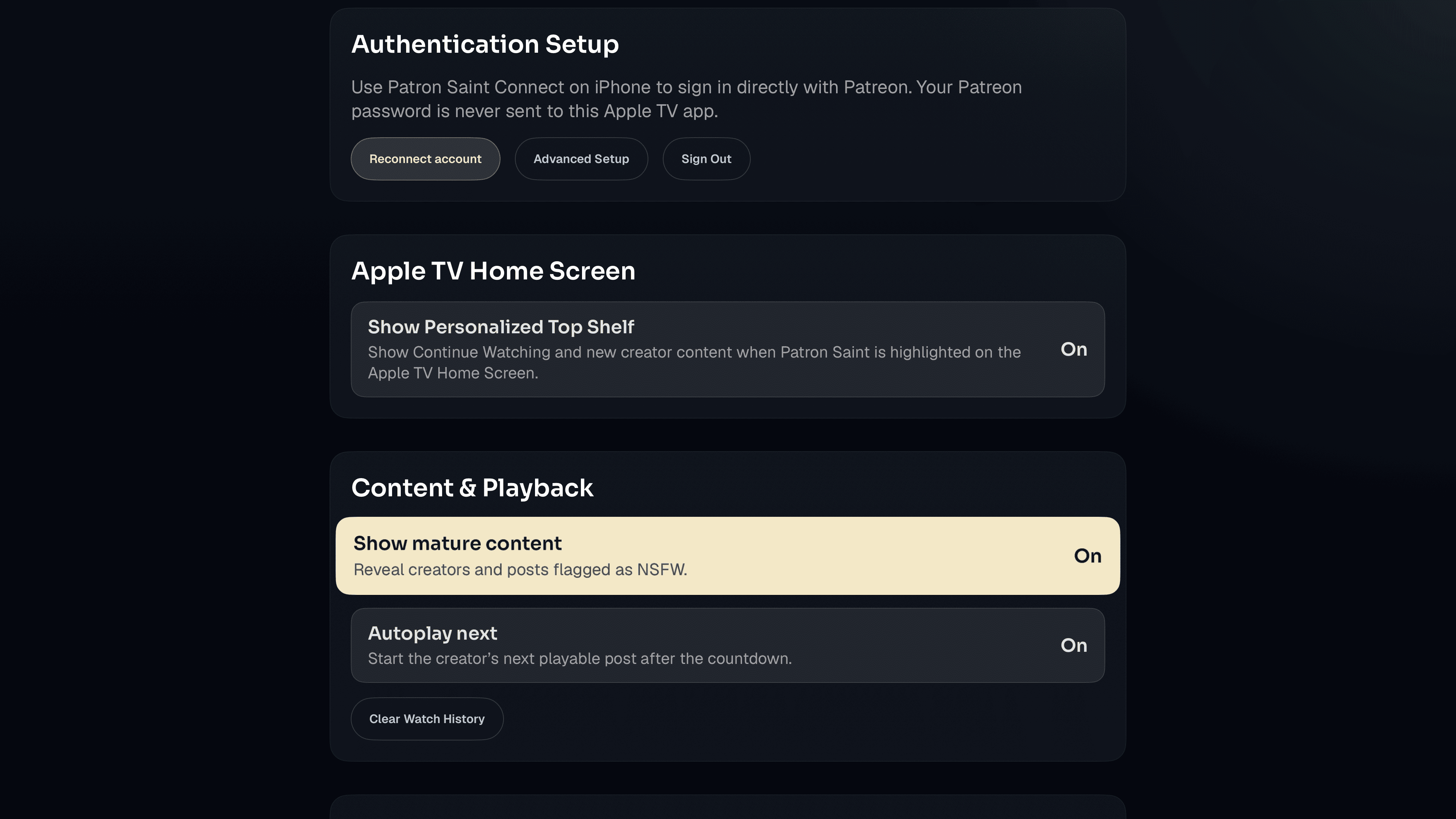 Account settings with authentication setup, Apple TV Home Screen options, and content and playback controls.