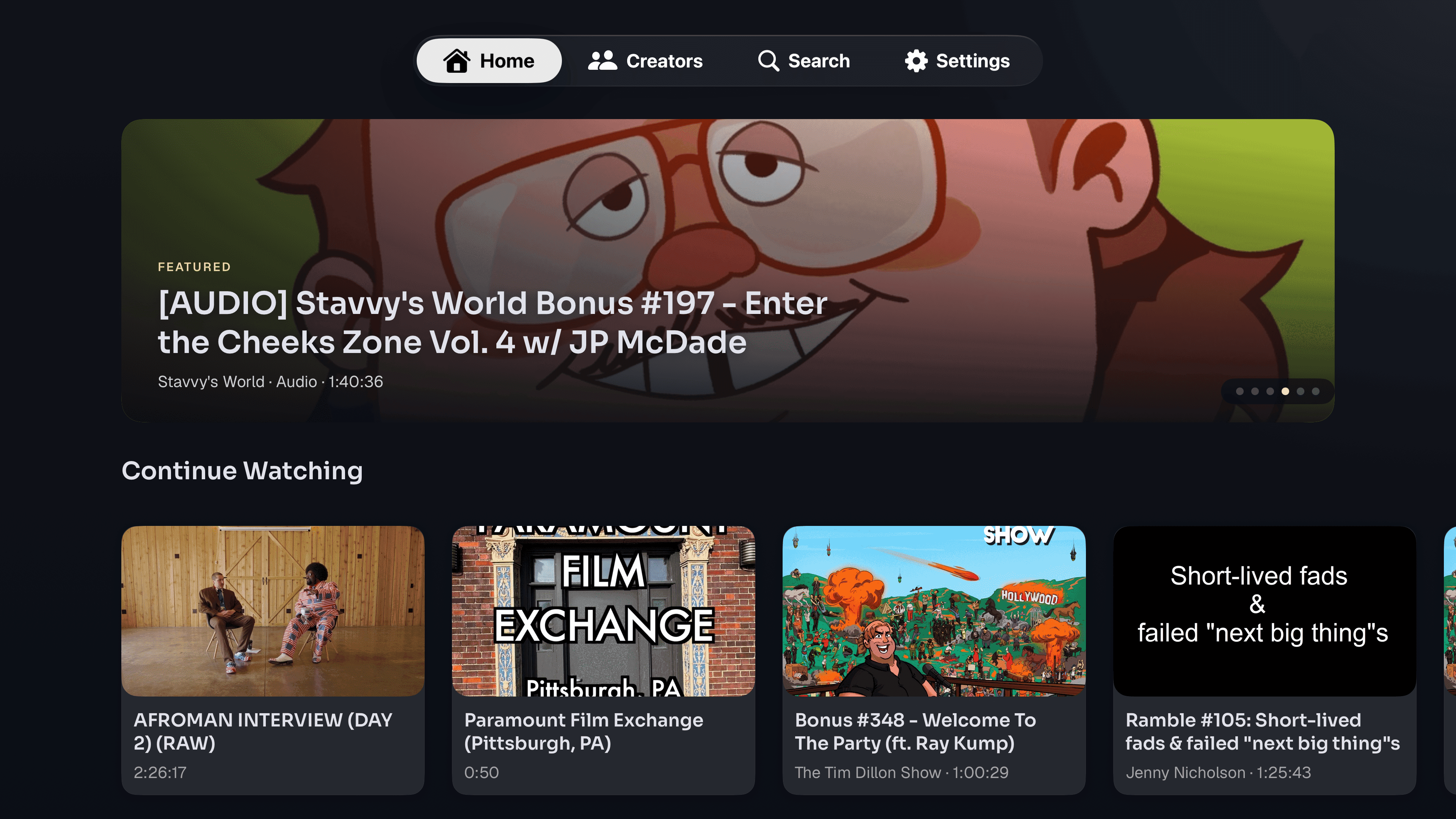 The Patron Saint home screen on Apple TV, with a featured post and a Continue Watching shelf.
