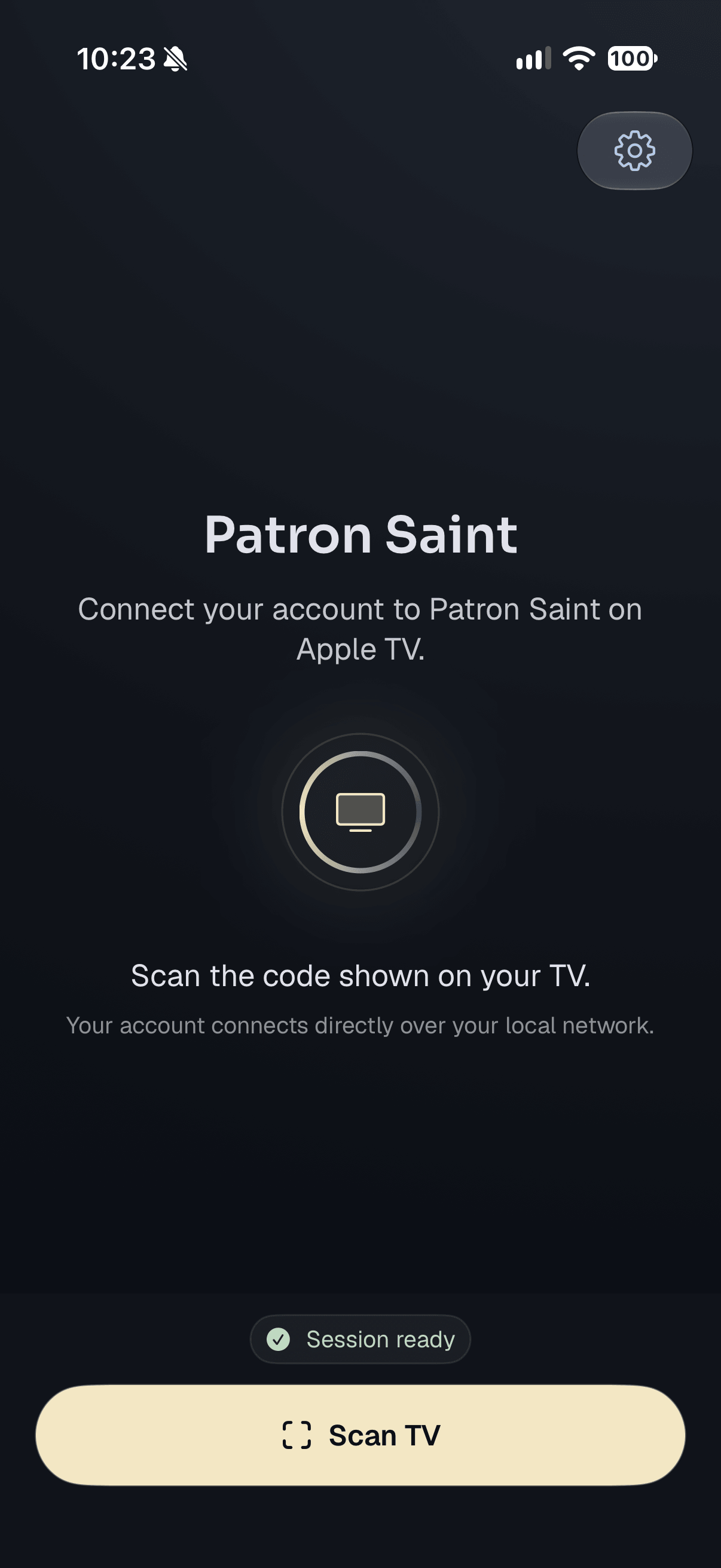 Patron Saint Connect home screen prompting you to scan the code on your TV.