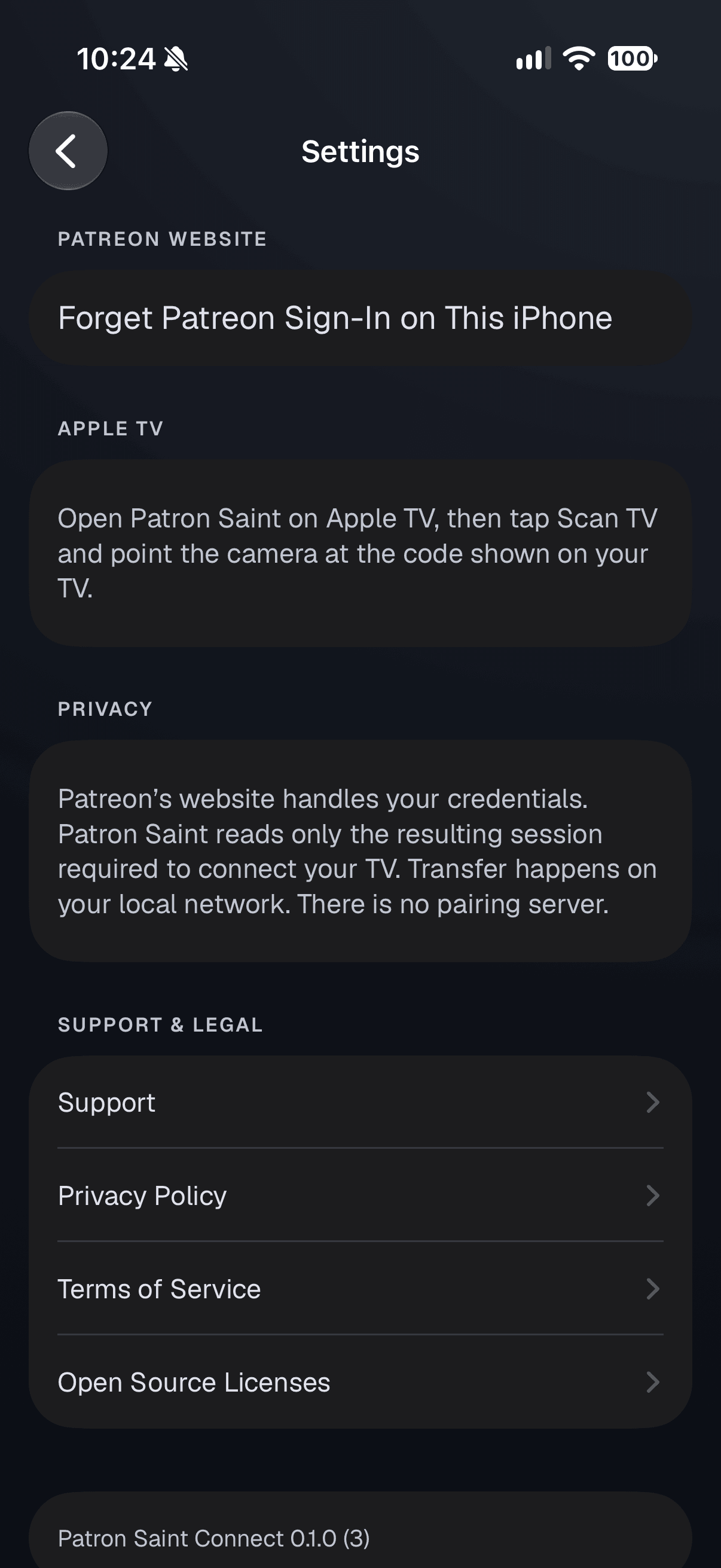 Patron Saint Connect settings with sign-out, privacy details, and support links.