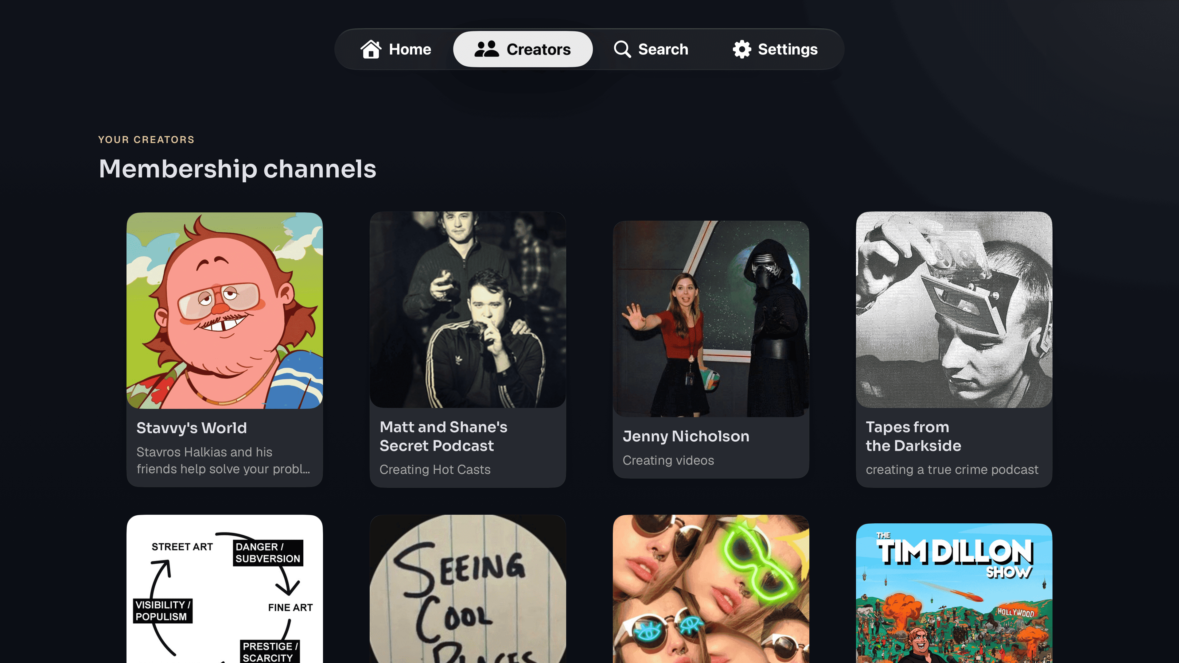 The Creators tab showing a grid of membership channels, including Stavvy’s World, Matt and Shane’s Secret Podcast, Jenny Nicholson, and Tapes from the Darkside.