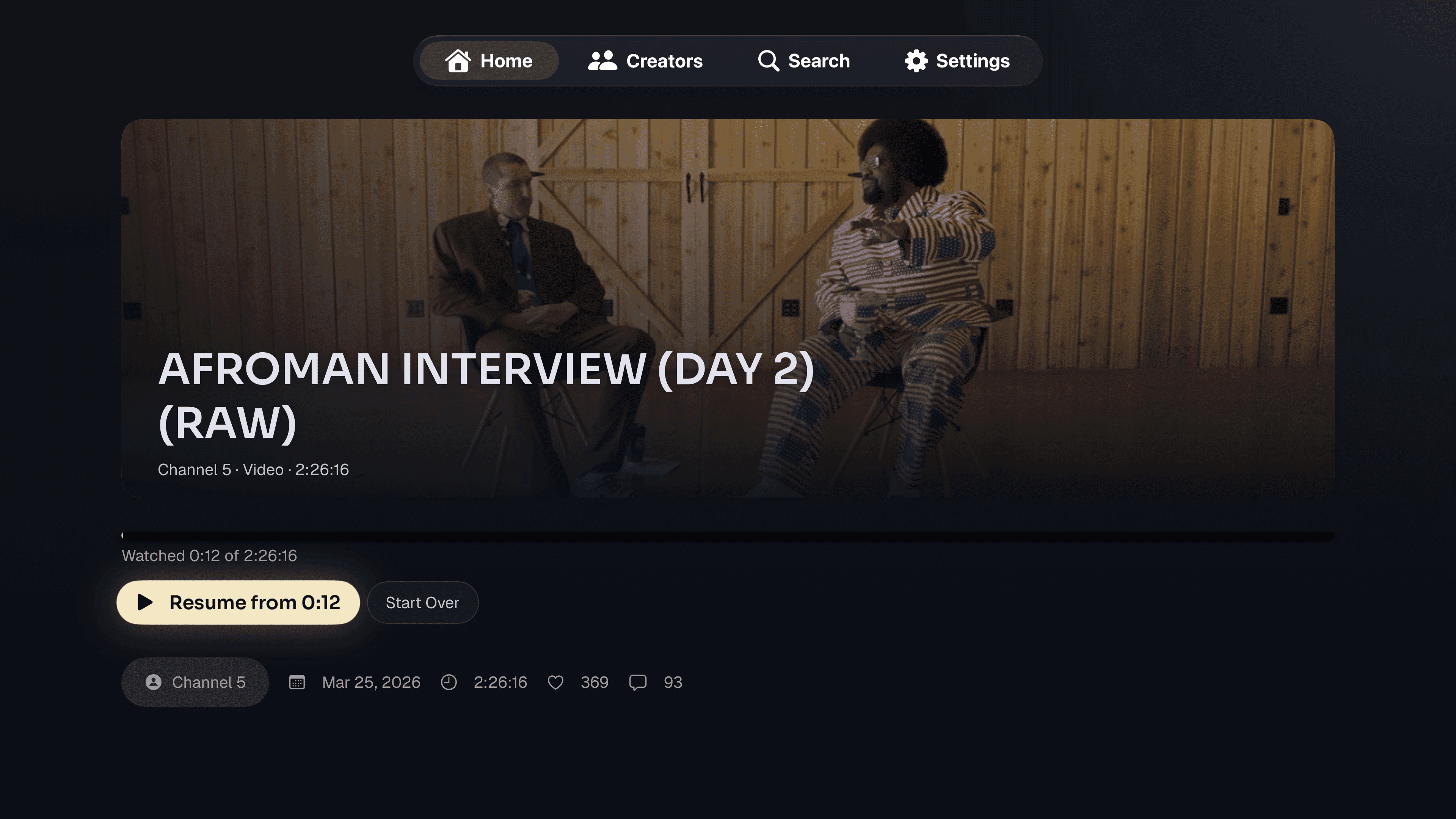 A video details screen for an Afroman interview, showing duration, watch progress, and Resume and Start Over buttons.